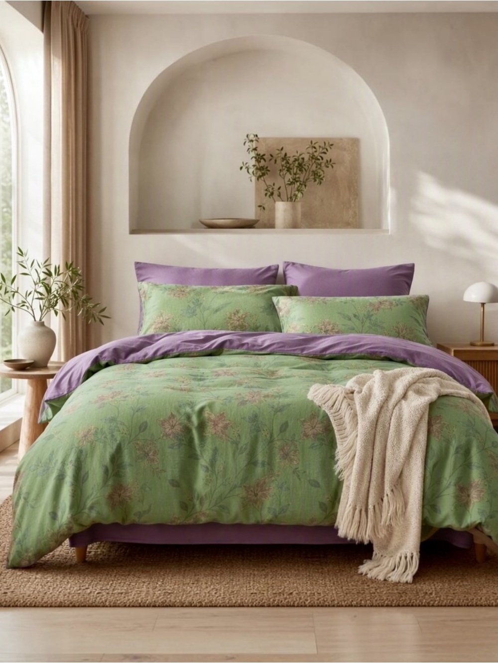 NEW Anthropologie Green Purple Floral Linen Queen / King Bedding Duvet Sham Set